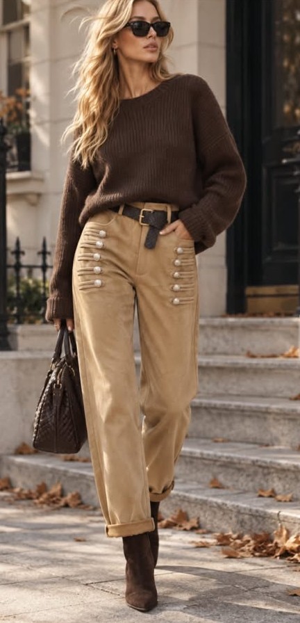 Pantalón Estilo Marinero Tiro Alto Wide Leg con Doble Botonadura Metálica